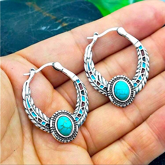 Turquoise and Silver Hoop Earrings - Picture 1 of 2